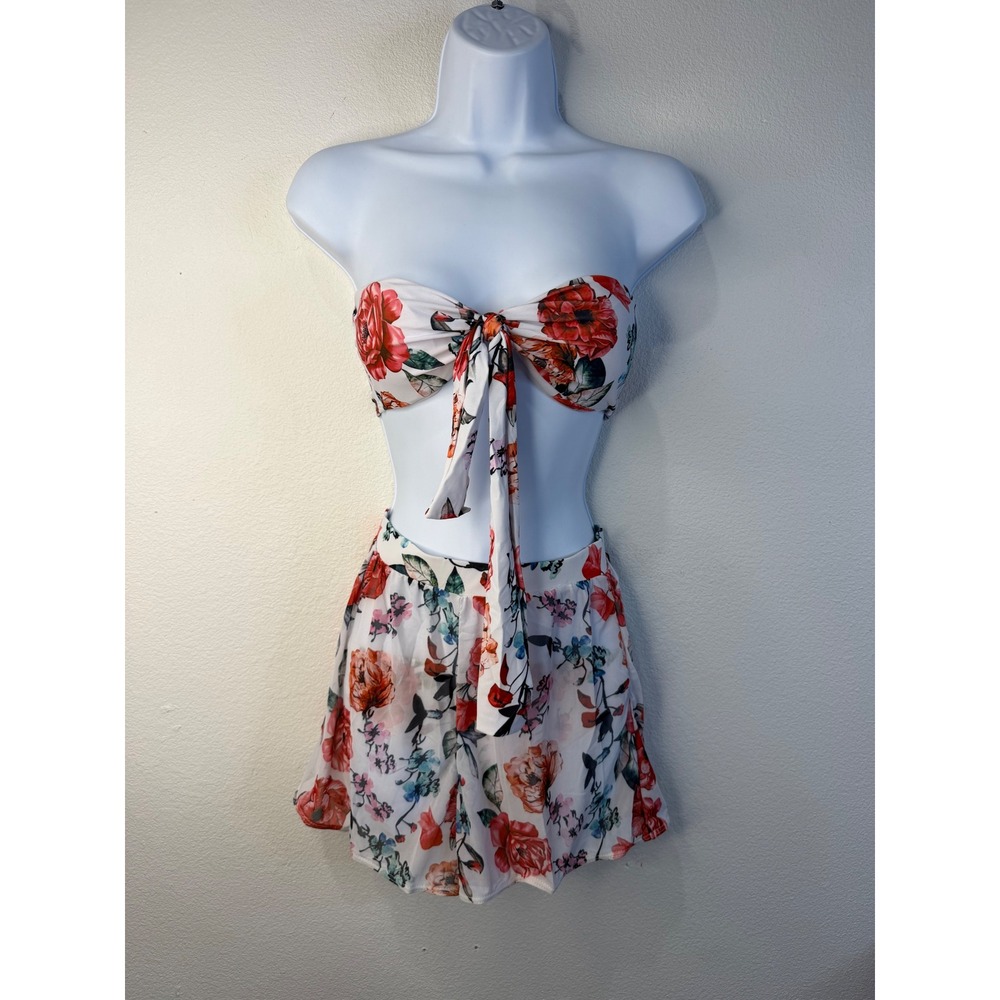 Edel Qual Womens 3 Piece Floral Swim Set Bandeau Top Bikini Bottom Mesh Skirt XS